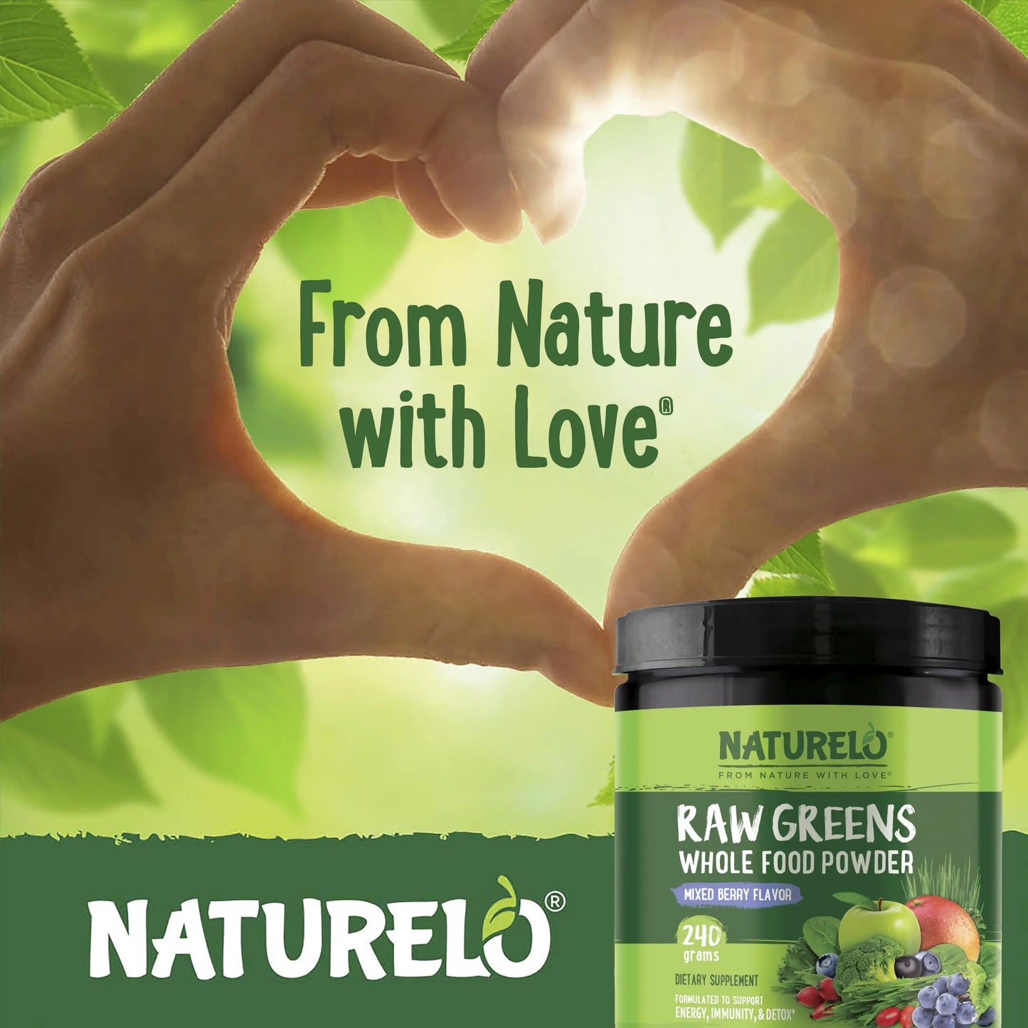 NATURELO Raw Greens Superfood Powder 240 Grams, Mixed Berry - Supports Energy, Immunity and Detox - Includes Spirulina, Wheat Grass and Organic Greens for Whole Food Nutrition NATURELO