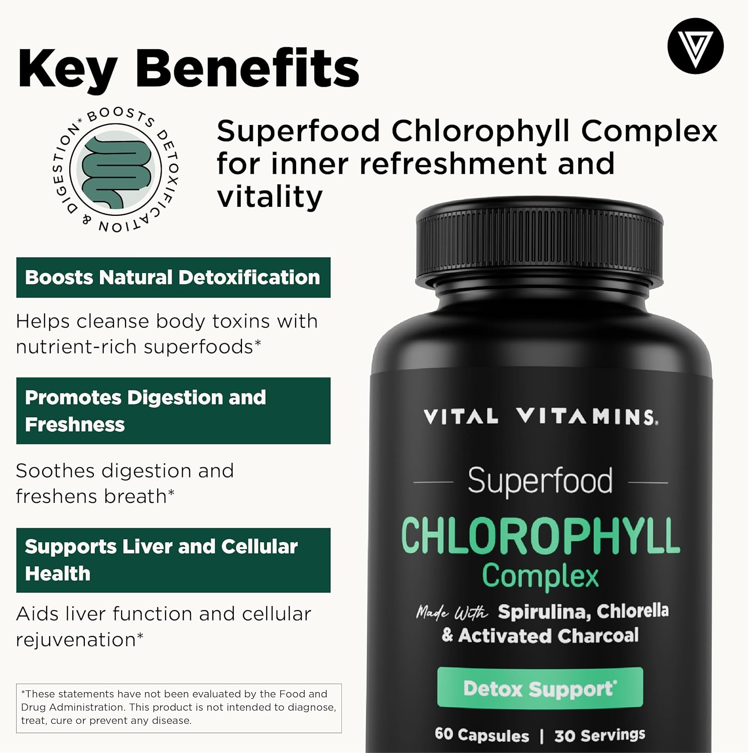Vital Vitamins Chlorophyll Pills with Spirulina, Chlorella & Charcoal | Detoxifies & Freshens from Within, Natural Body Deodorizer, Superfood Complex for Women & Men, 60 Capsules Gsupps Australia