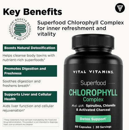 Vital Vitamins Chlorophyll Pills with Spirulina, Chlorella & Charcoal | Detoxifies & Freshens from Within, Natural Body Deodorizer, Superfood Complex for Women & Men, 60 Capsules Gsupps Australia