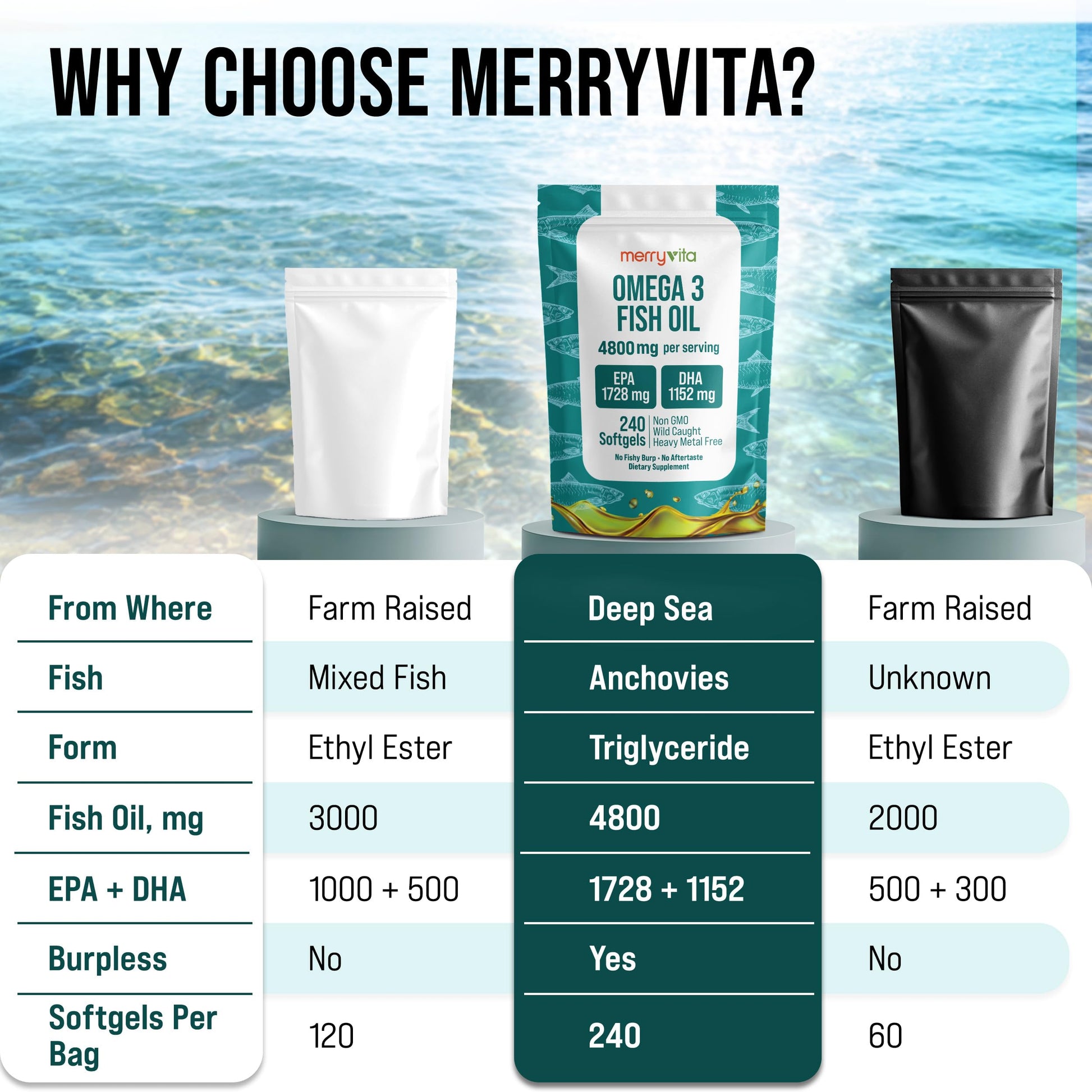 Omega 3 Fish Oil 4800 mg – EPA 1728 mg | DHA 1152 mg from Wild-Caught Anchovies – Burpless Mini Softgels – Pure Omega-3 Fatty Acid Supplement – Non-GMO, Gluten-Free, No Aftertaste – 240 Capsules MERRY VITA buy australia supplements
