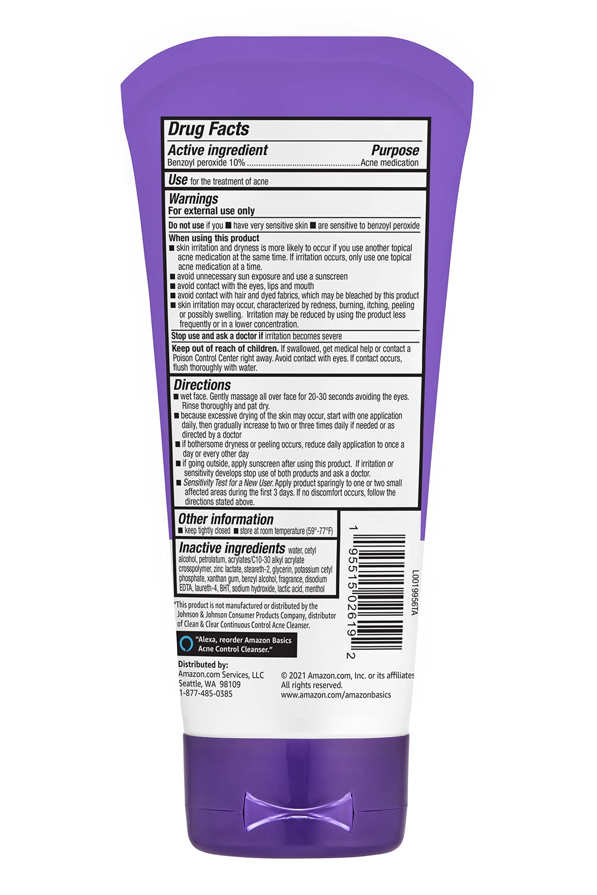 Amazon Basics Acne Treatment Face Wash - Daily Control Cleanser, Maximum Strength 10% Benzoyl Peroxide for Stubborn Breakouts, 5 Ounce Amazon Basics