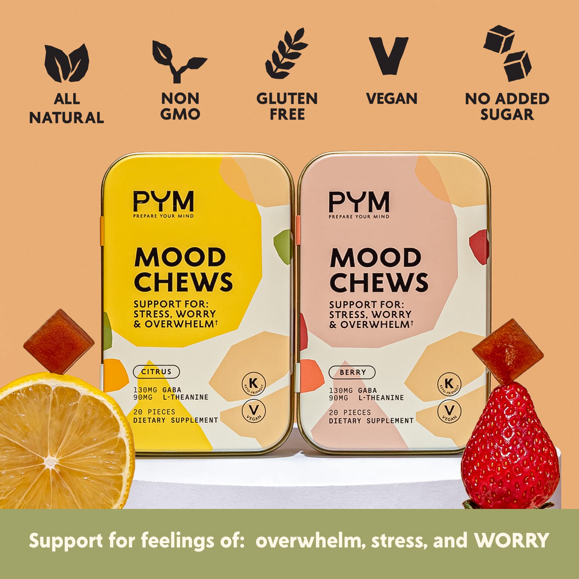 PYM Citrus Mood Chews Support for Stress, Worry & Overwhelm, 120 Count | 130mg GABA, 90mg L-Theanine | Vegan, Non-GMO, Gluten-Free, No Added Sugar | All-Natural Mood Balance Supplement Made in USA PYM Health buy australia supplements