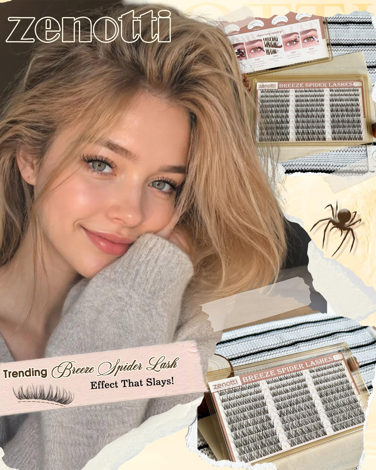 Spider Breeze Lash Clusters DD Curl 180PCS Natural Eyelash Clusters Wispy Cluster Eyelash Extensions Breeze Venus Lashes Cluster with Invisible Band Kim K Style Eyelash Extensions by zenotti zenotti