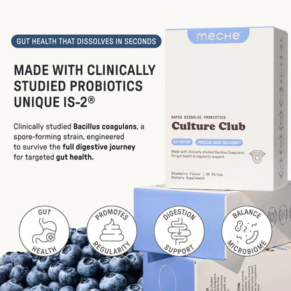 Meche Culture Club Probiotics for Digestive Health and Regularity - 5 Billion CFUs, Probiotics for Women and Men - Gut Health Supplements - Dissolve Strips Meche