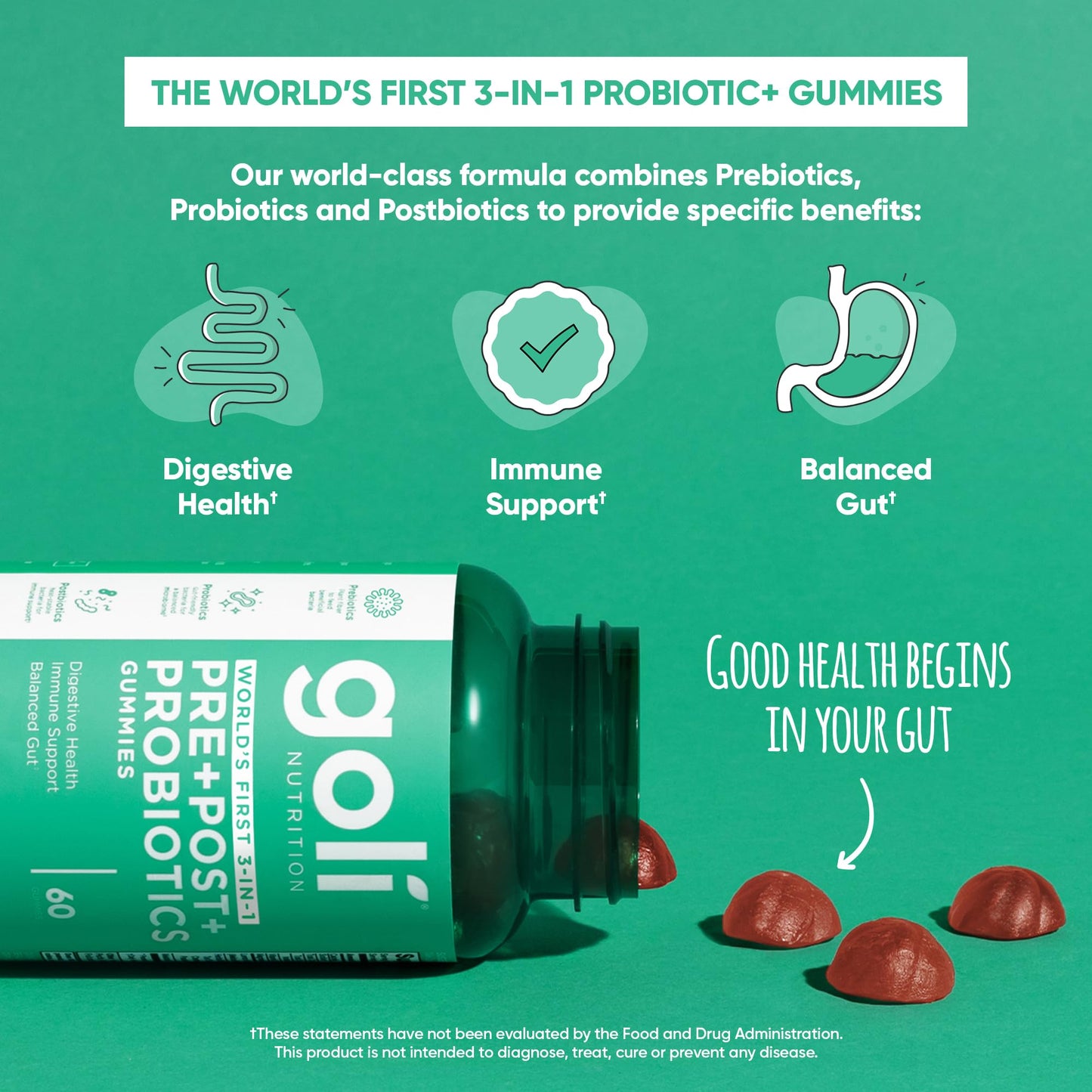 Goli Pre Pro Postbiotic Gummies - Worlds First 3-in-1 Formula with DE111 Probiotics, XOS Prebiotics, MCC1849 Postbiotics - Vegan, Non-GMO, Goli