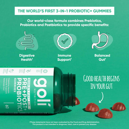 Goli Pre Pro Postbiotic Gummies - Worlds First 3-in-1 Formula with DE111 Probiotics, XOS Prebiotics, MCC1849 Postbiotics - Vegan, Non-GMO, Goli