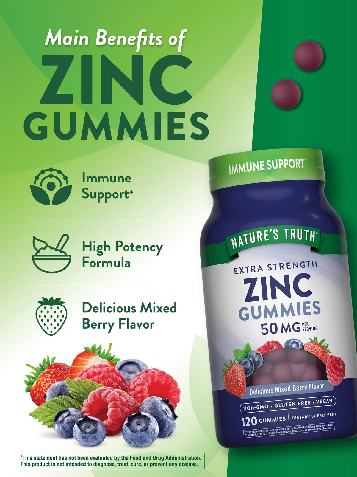 Nature's Truth Zinc Gummies for Adults | 50mg | 120 Count | Vegan, Non-GMO & Gluten Free Supplement | Mixed Berry Flavor Nature's Truth