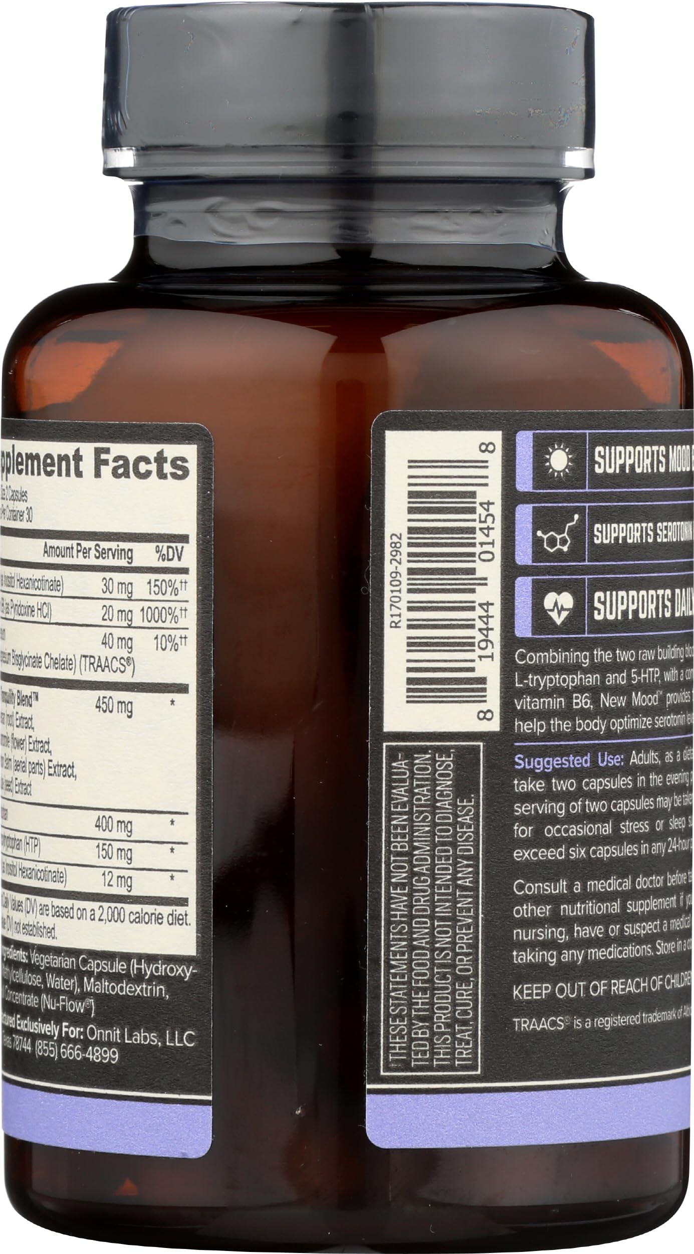 ONNIT New Mood Daily Stress Support Capsules, IGEN™ Non-GMO Tested, Sleep and Mood Support Supplement for Men and Women, Daily Stress Management Capsules, 30 Count