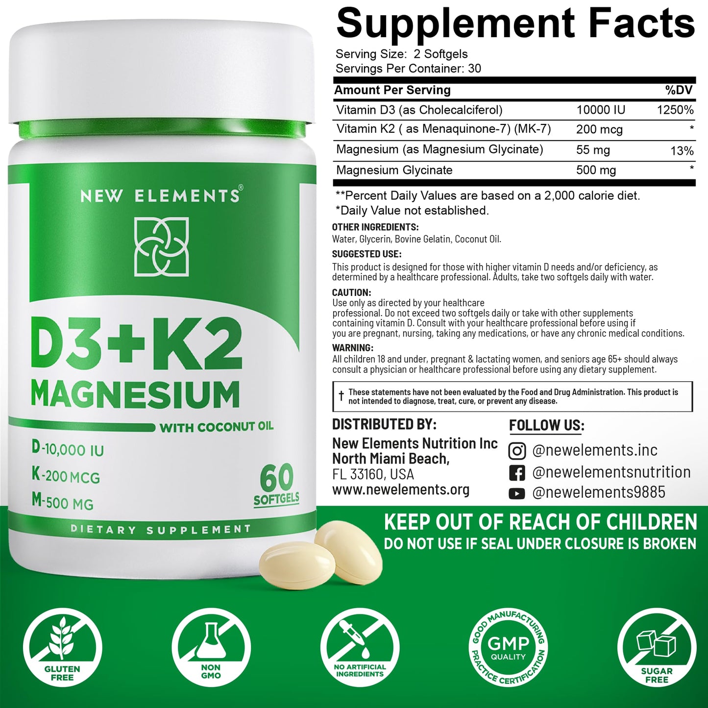 New Elements Vitamin D3 K2 10,000 IU with Magnesium Glycinate 500mg - Bone Health, Immune Support, Energy & Mood - Non-GMO, Gluten-Free New Elements