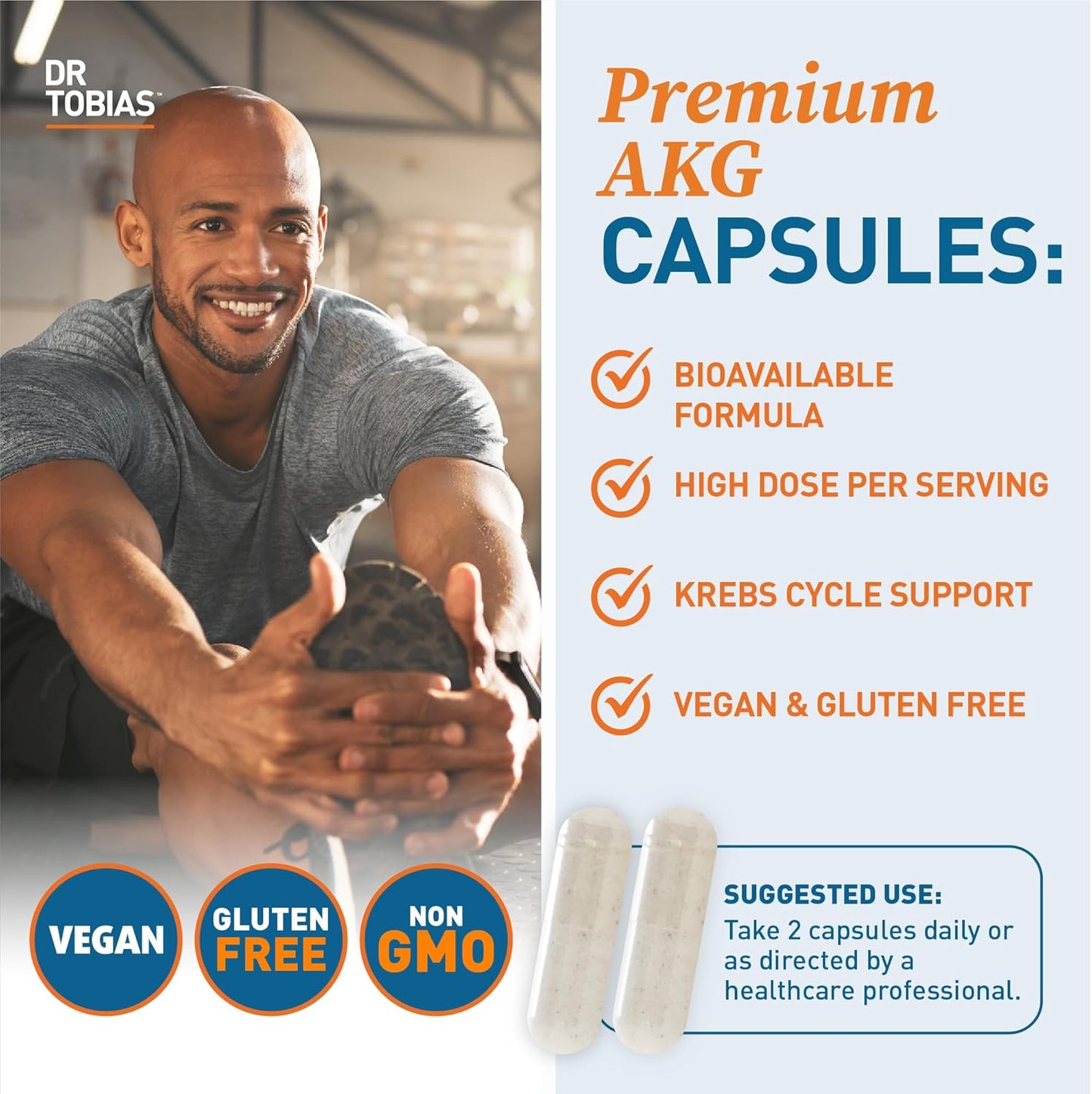 Dr. Tobias AKG Supplement 1000mg Bioavailable Alpha Ketoglutaric Acid | Cellular Energy & Nitric Oxide Flow | Vegan, Gluten-Free, Non-GMO | 180 Capsules 90 Servings