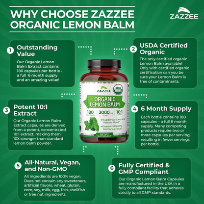 Zazzee USDA Organic Lemon Balm 10:1 Extract, 180 Capsules, 6 Month Supply | Vegan, All-Natural, Non-GMO, Melissa Officinalis, Calm, Mood, Stress & Relaxation Support, Herbal Supplement, Made in the USA Gsupps Australia