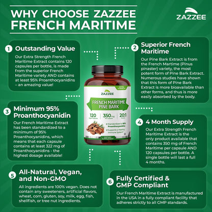 Zazzee Extra Strength French Maritime Pine Bark Extract 20:1, 180 Capsules | 350 mg Per Capsule, 95% Proanthocyanidins, Vegan, 6 Month Supply, Certified Kosher, Antioxidant Support, Non-GMO, Made in USA Gsupps Australia