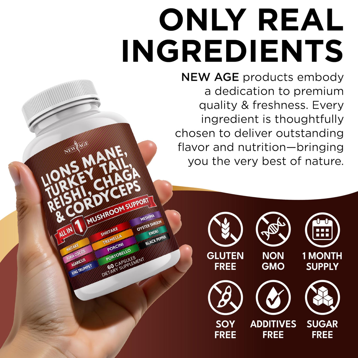 NEW AGE Lions Mane Mushroom Supplement with Turkey Tail Reishi Cordyceps Chaga with Marshmallow Root - 120 Count NEW AGE