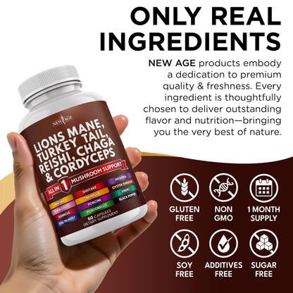 NEW AGE Lions Mane Mushroom Supplement with Turkey Tail Reishi Cordyceps Chaga with Marshmallow Root - 120 Count NEW AGE