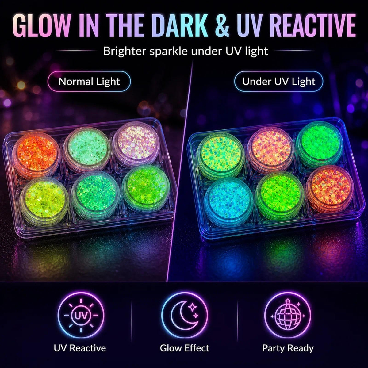6 Colors Glow in the Dark Glitter Gel, UV Face Body Hair Makeup MiraWish
