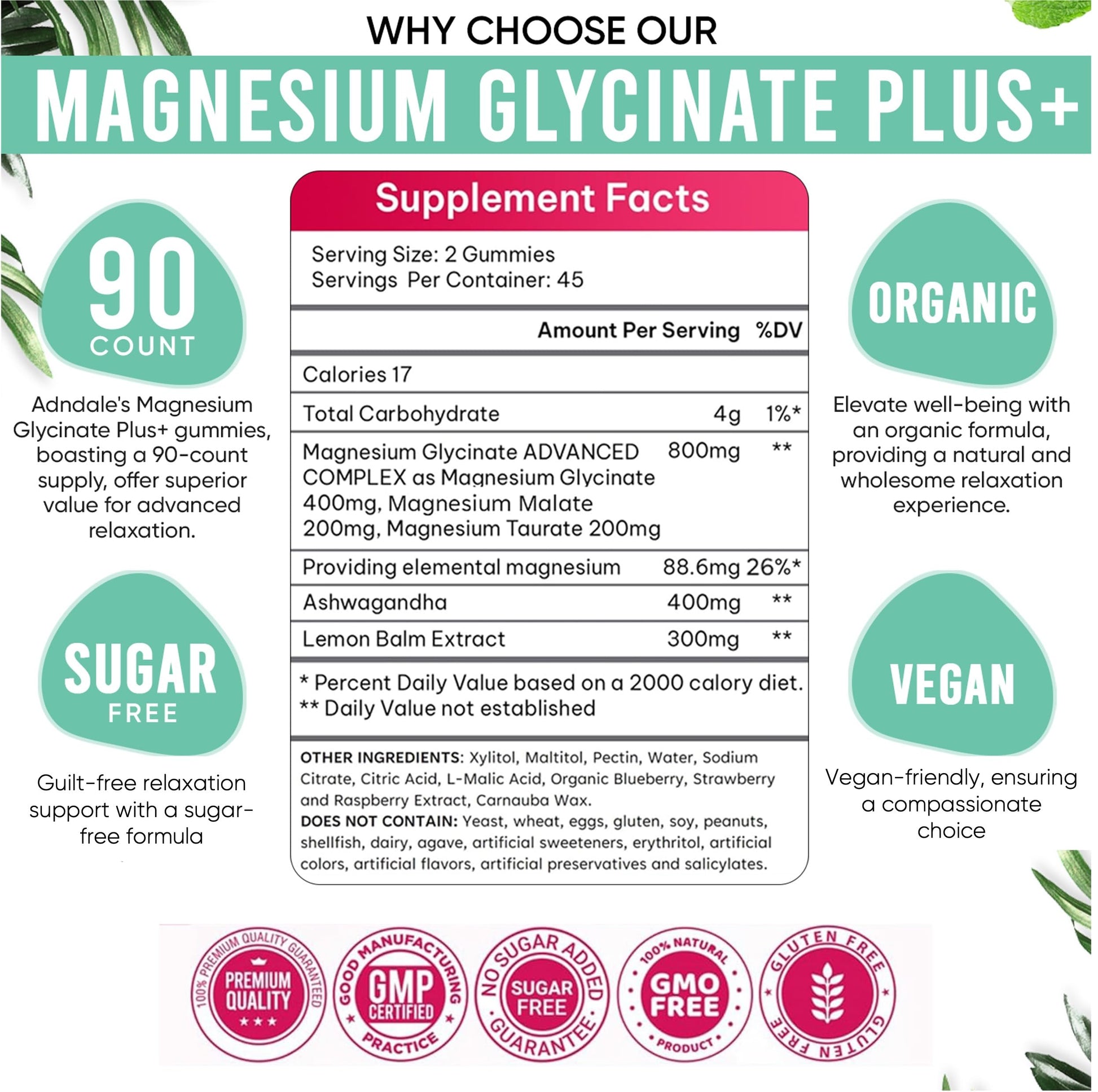 Adndale 90 CT Magnesium Glycinate 400 mg Gummies with Ashwagandha, Magnesium Malate & Taurate, Sugar Free Magnesium Gummies for Adults & Kids. Adndale buy australia supplements
