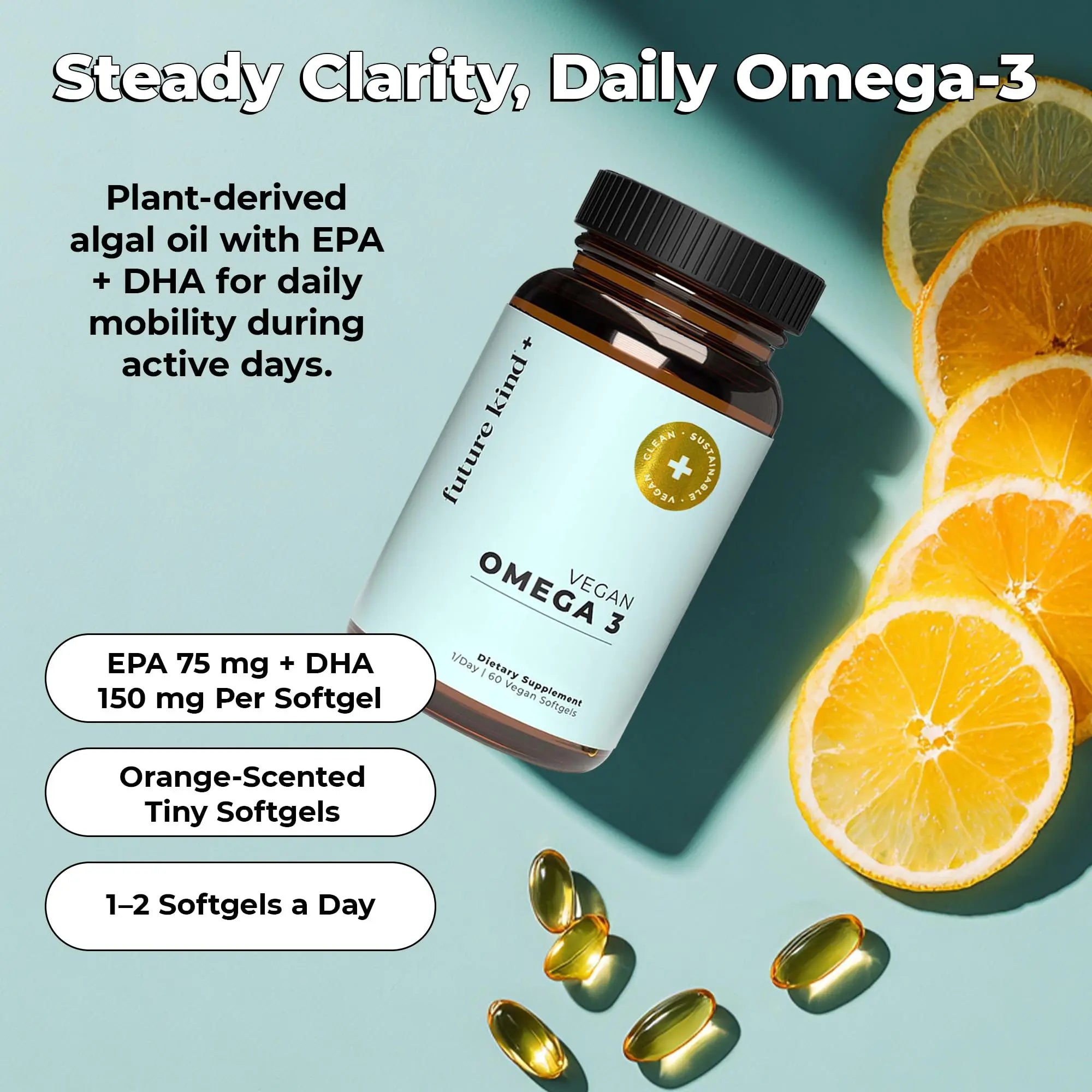 Future Kind Omega-3 Supplement for Clarity, Memory, and Mobility Comfort, 2 Months Supply of Citrus-Scented Softgels with EPA and DHA, Vegan Omega-3 Supplement from Algae, Carrageenan Free, 60 Count Future Kind buy australia supplements