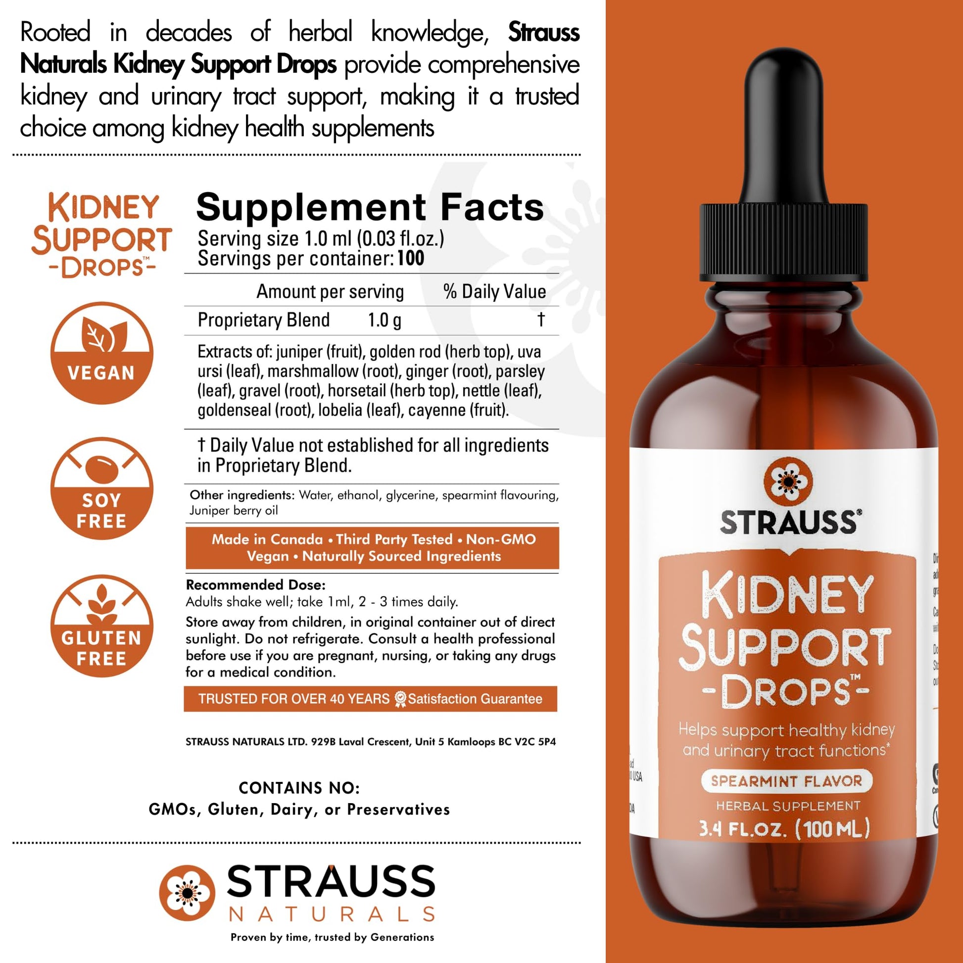 Strauss Naturals Kidney Support Drops – Herbal Kidney Support Supplement for Men and Women – Helps with Kidney Health and Urinary Tract Function – Vegan & Non-GMO – Spearmint Flavored – 100 ml Bottle Strauss Heartdrops buy australia supplements