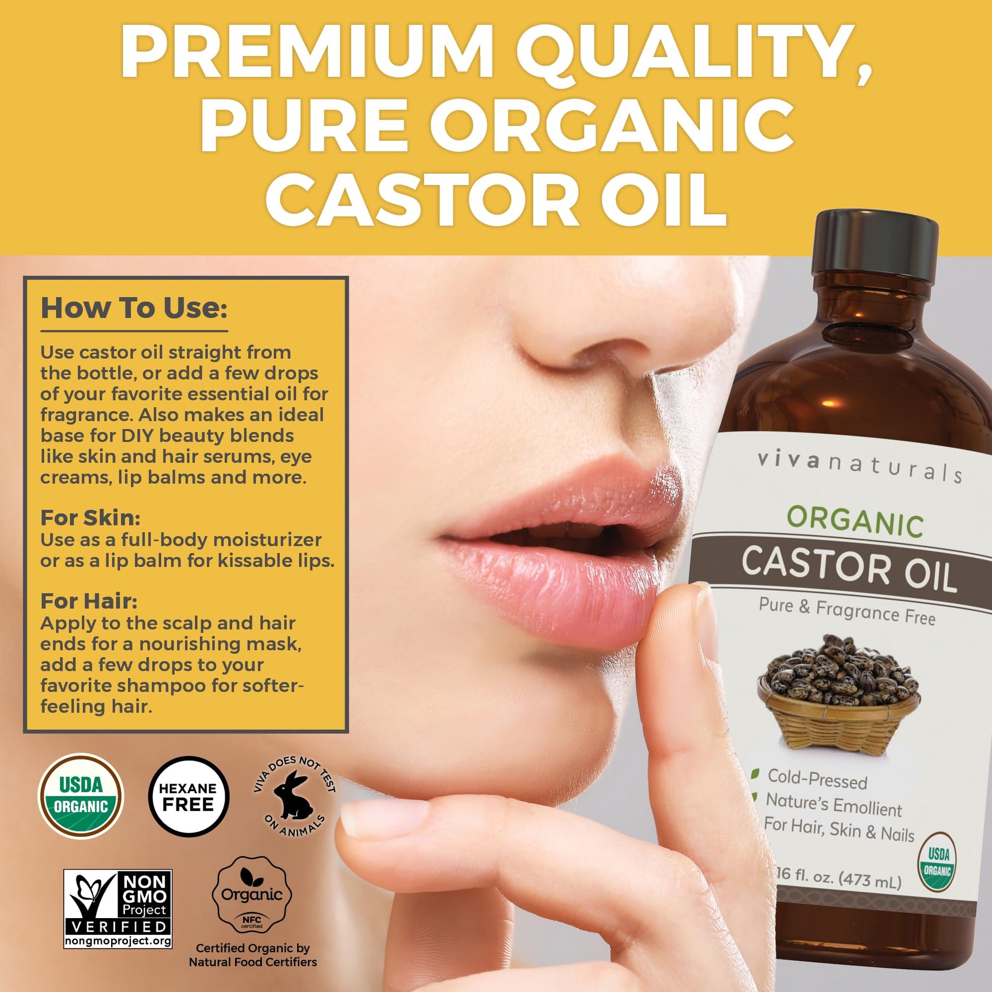 Viva Naturals Organic Castor Oil, Cold-Pressed, 16 fl oz – For Face, Hair, Eyelashes, USDA Organic, Non-GMO - With Beauty Kit Gsupps Australia