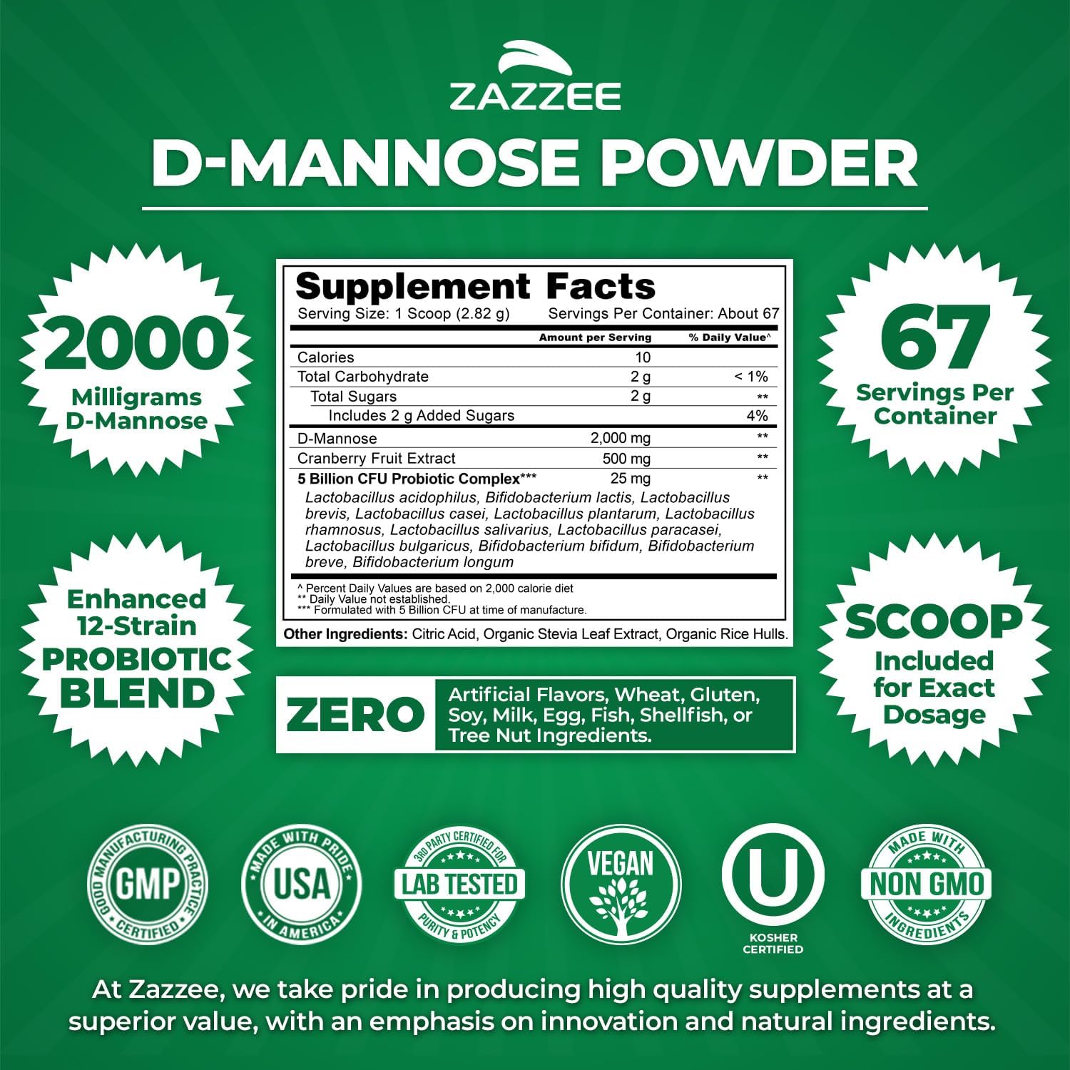 Zazzee D-Mannose Powder Plus, 2000 mg, 67 Servings, Free Scoop, Made in USA | Plus 5 Billion CFU Probiotics and Pure Cranberry Juice Extract, Kosher, 6.67 oz, Urinary Tract & Bladder Support, Non-GMO Gsupps Australia