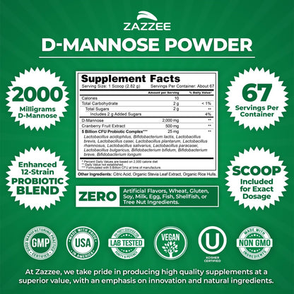 Zazzee D-Mannose Powder Plus, 2000 mg, 67 Servings, Free Scoop, Made in USA | Plus 5 Billion CFU Probiotics and Pure Cranberry Juice Extract, Kosher, 6.67 oz, Urinary Tract & Bladder Support, Non-GMO Gsupps Australia