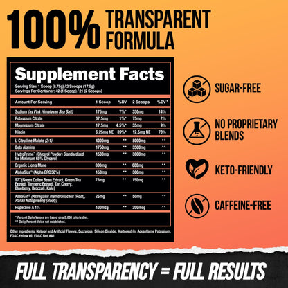 ALPHA LION Superhuman Pump Pre Workout Powder, Nootropic Caffeine & Stim Free Preworkout Supplement, Nitric Oxide Booster, Muscle Gainer, Energy & Focus (42 Servings, Mango Veiniac Flavor)