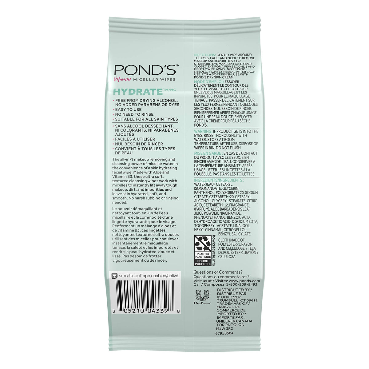 Pond's Vitamin Micellar Wipes For Dry Skin Hydrate Aloe Vera Removes Waterproof Makeup 25 Wipes (Pack of 2) POND'S