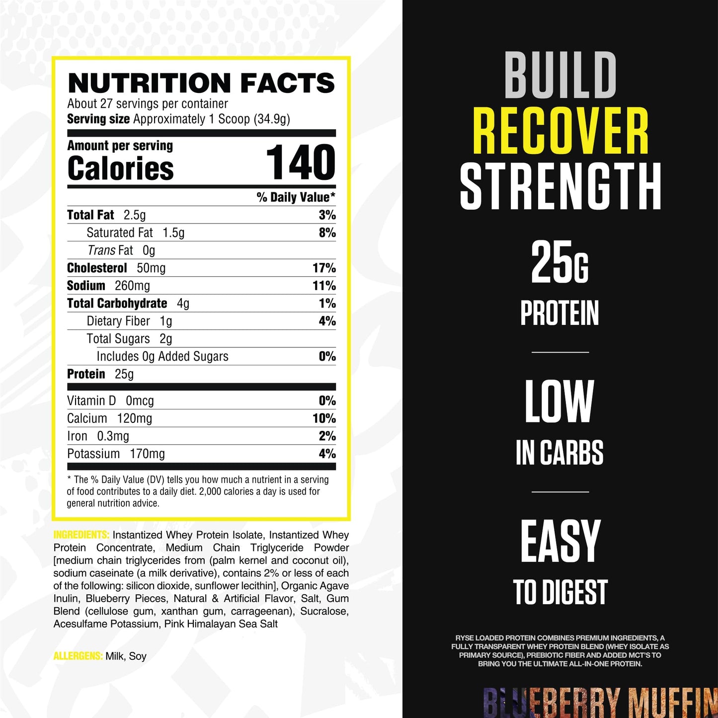 RYSE Loaded Protein Powder - Jet-Puffed Marshmallow - 25g Whey Protein Isolate & Concentrate with Prebiotic Fiber & MCTs - Low Carb, Low Sugar, Digestive-Friendly - 27 Servings / 2 lb Tub