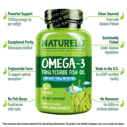 NATURELO Burpless Omega 3 Fish Oil Supplement - 1100mg Triglyceride Omega-3, EPA + DHA, Liquid Fish Oil for Heart, Eye, Brain, Joint Health NATURELO
