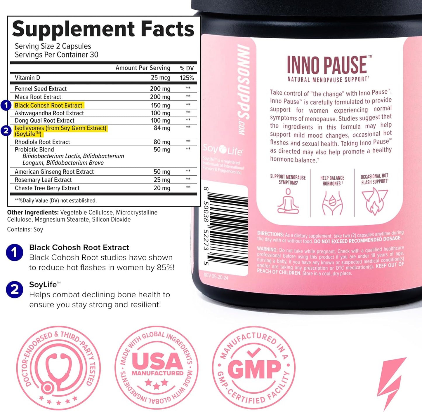 Inno Pause - Menopause Supplements for Women with Black Cohosh, Dong Quai Root Extract & Ashwagandha - Menopause Support for Hot Flash Relief, Night Sweats Relief, Sleep & Mood Support (60 Capsules)
