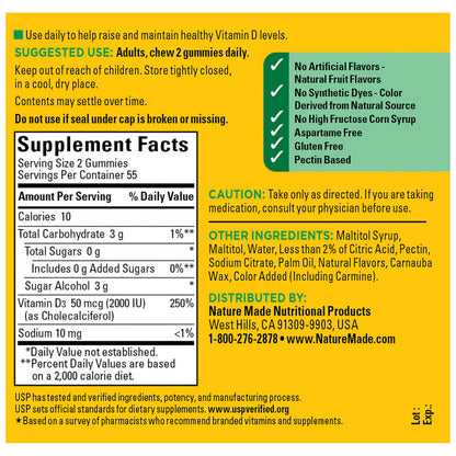Nature Made Zero Sugar Vitamin D3 Gummies 2000 IU (50 mcg) Per Serving, Bone & Immune Support, Aspartame Free Nature Made