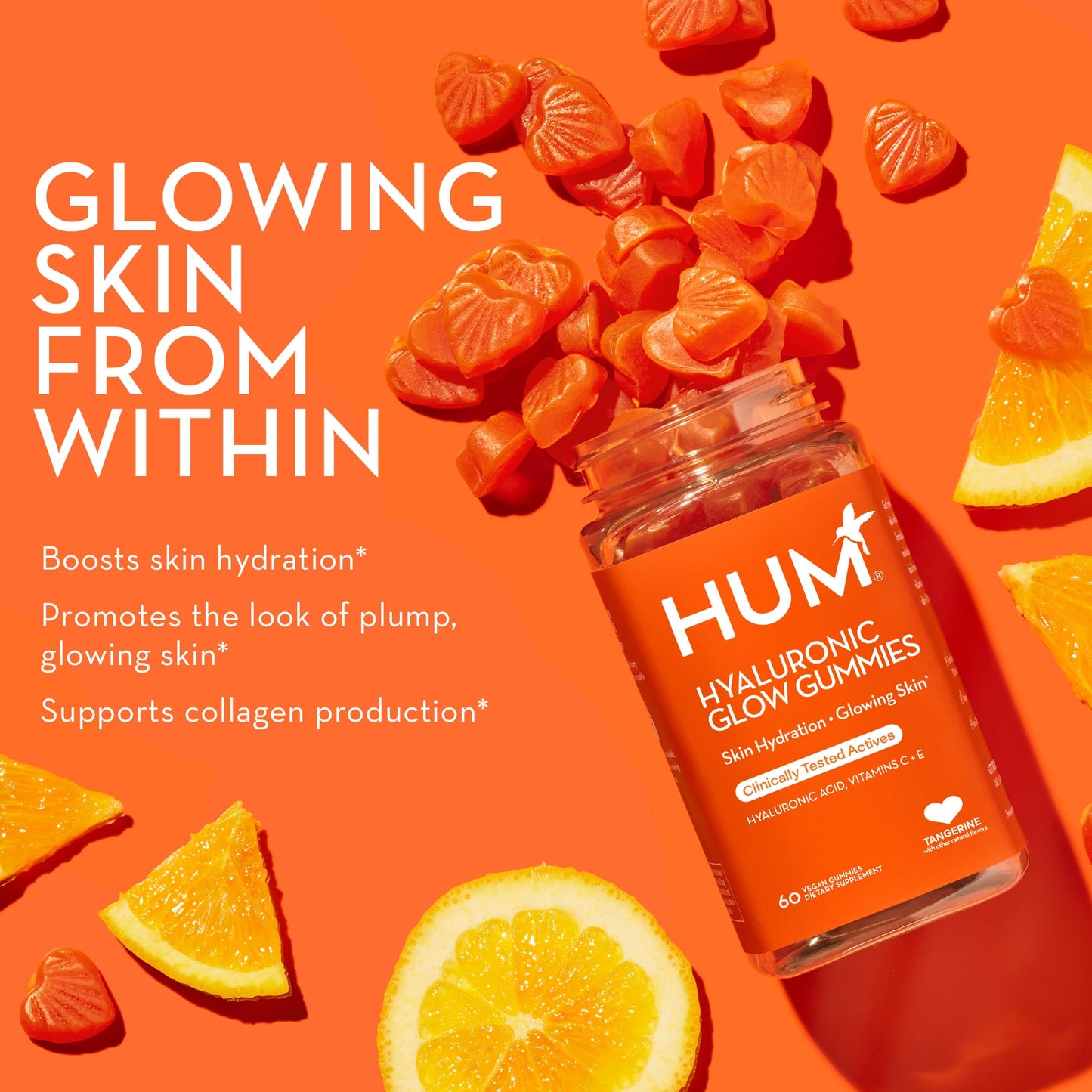 HUM Hyaluronic Glow Hydrating Skin Care Supplement, with Low Molecular Hyaluronic Acid, Vitamin C from Amla Fruit, and Vitamin E, Antioxidant Support for Skin Hydration, Tangerine, 60 Vegan Gummies