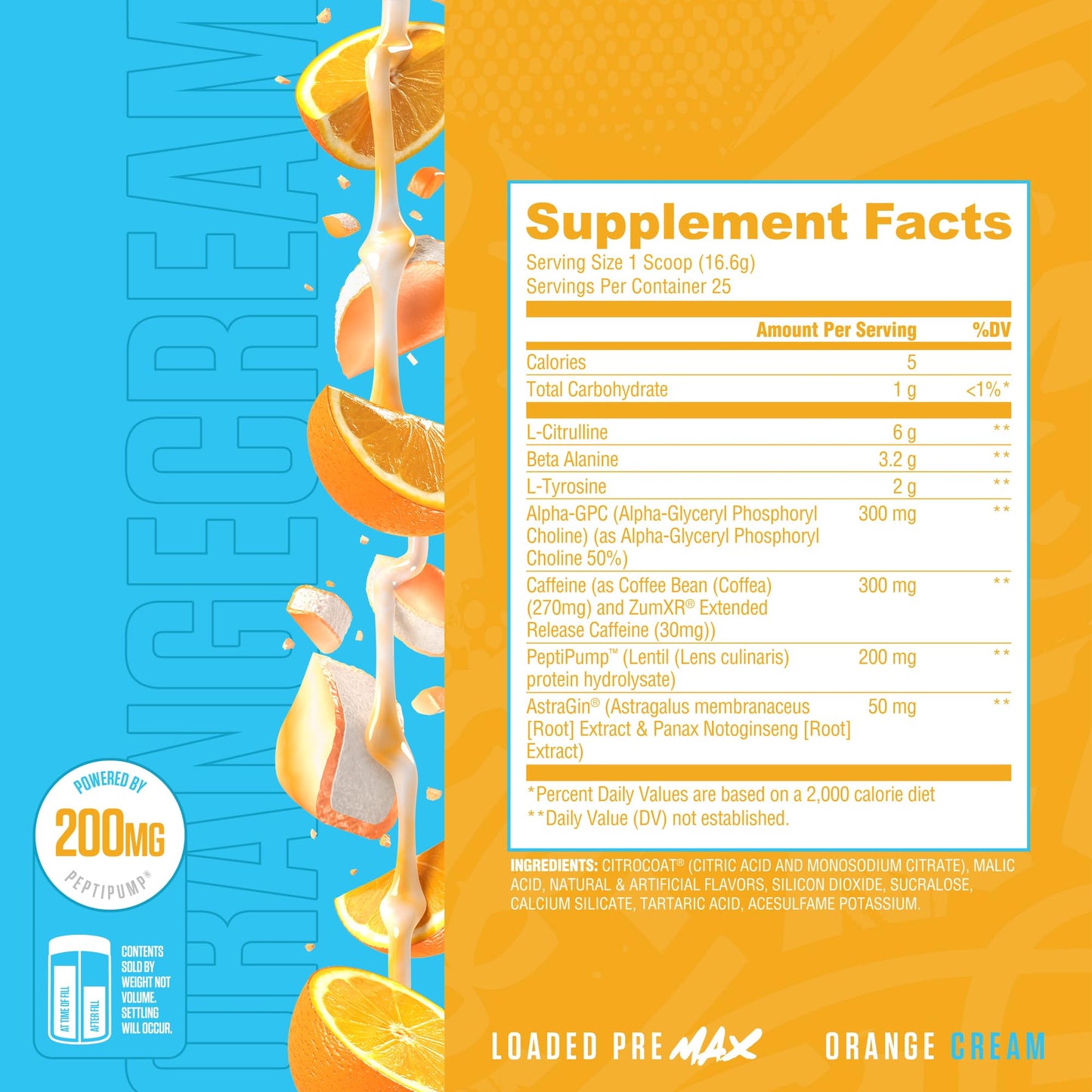 Ryse Loaded Pre Max Pre Workout Powder - Orange Cream - 300mg Dual-Phase Caffeine for Sustained Energy for Men & Women - L-Citrulline, PeptiPump & Alpha-GPC for Power, Pumps & Focus - 25 Servings