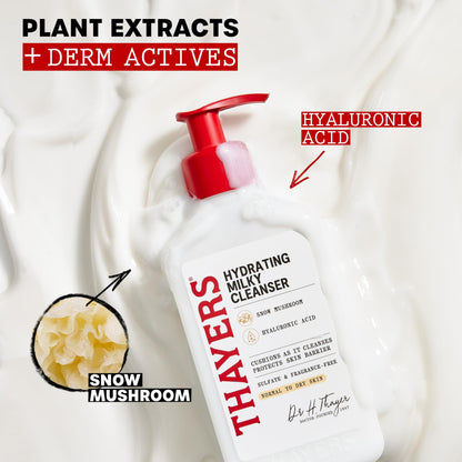 Thayers Milky Hydrating Face Cleanser with Snow Mushroom and Hyaluronic Acid, Dermatologist Recommended Gentle Facial Wash and Hydrating Skincare for Dry and Sensitive Skin, Paraben Free, 8 Fl Oz THAYERS