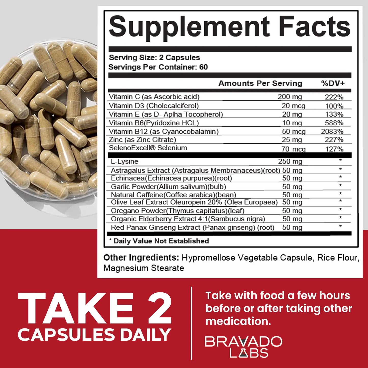 Bravado Labs L-Lysine 250mg Capsules – Immune & Cold Sore Support – Vegan, Non-GMO, Allergen-Free, 3rd-Party Tested Bravado Labs