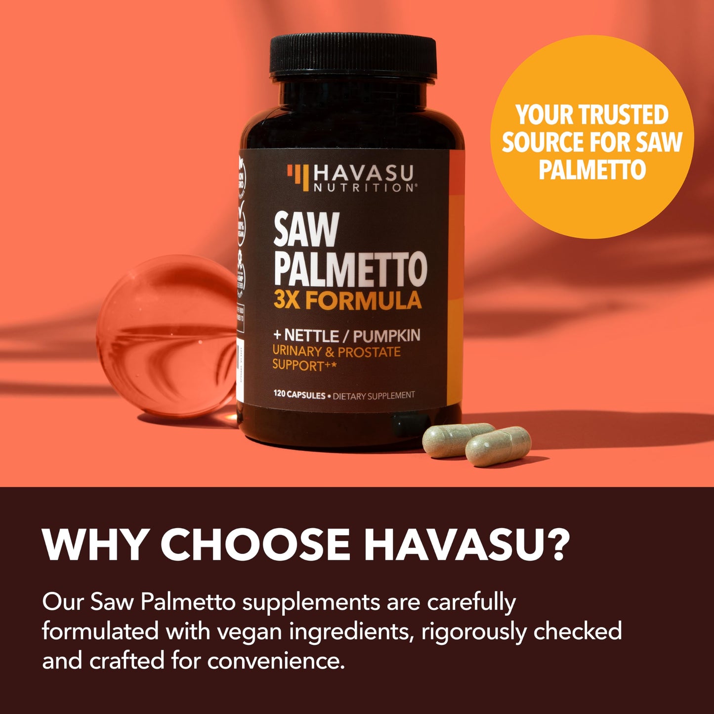 Saw Palmetto Supplement with Stinging Nettle and Pumpkin Seed Extract - Advanced 3X Formula - DHT Blocker Urinary Health and Prostate Support for Mens Health HAVASU NUTRITION