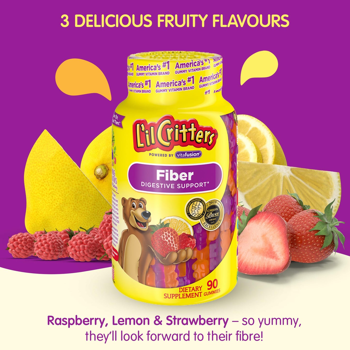 L’il Critters Fiber Daily Gummy Supplement for Kids, for Digestive Support, Berry and Lemon Flavors, 90 Gummies Lil Critters