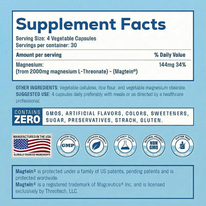 Magnesium L Threonate, Magtein, Brain Supplement for Memory, Focus, Sleep and Cognitive Support, High Absorption Magnesium L-Threonate, Non-GMO Teraputics
