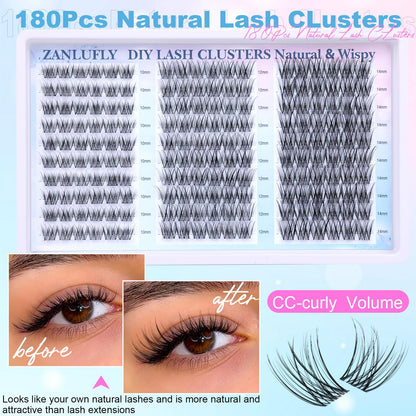 Lash Clusters Wispy Eyelash Clusters Natural CC-Curly Cluster Lashes zanlufly Wispy Individual Lashes 180Pcs Eyelash Extension 10 12 14MM DIY Lash Extension zanlufly