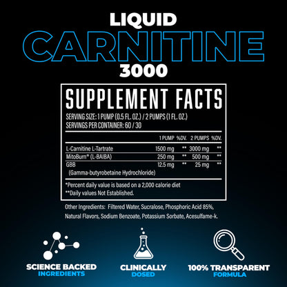 Huge Supplements Liquid L-Carnitine 3000, Superior Potency Infused with 500mg MitoBurn & 25mg GBB, Premium Stim-Free & Energy Boost, Convenient Pump Top, 32 Oz (60 Servings)