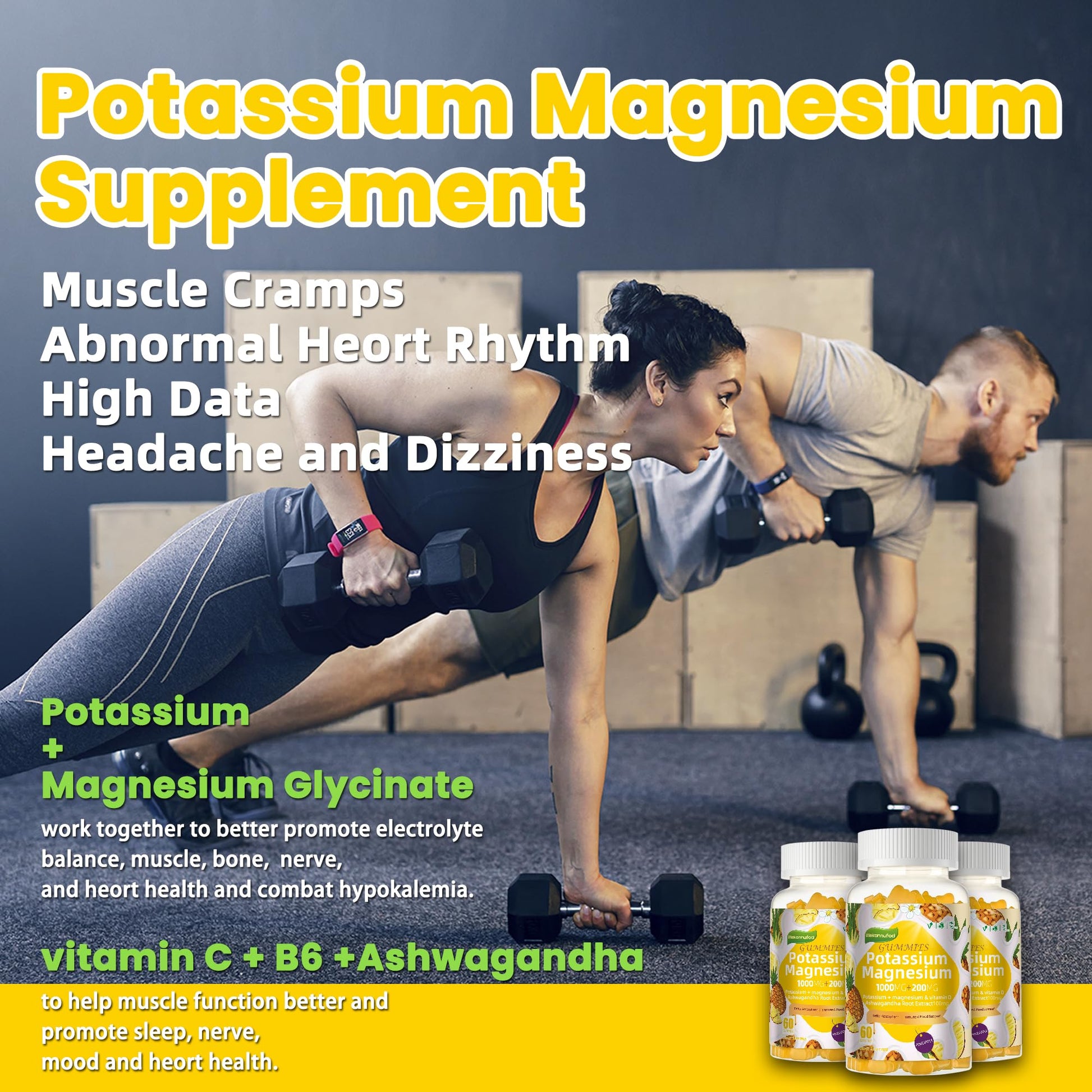 Potassium Magnesium Gummies,High Absorption Magnesium Glycinate,B6,D3,Potassium Citrate for Leg Cramps,Muscle,Electroyte for Adults Kids,Sugar-Free, 60 Gummies (Pineapple) Wekannufod buy australia supplements