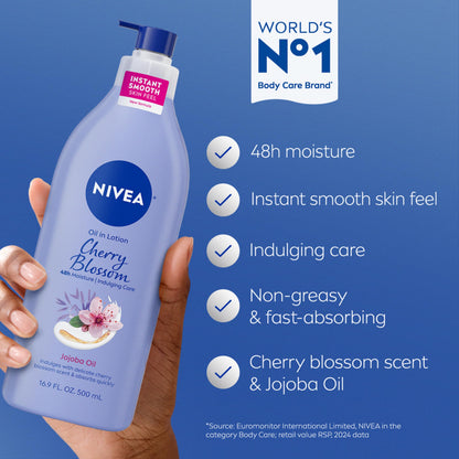 NIVEA Oil Infused Cherry Blossom and Jojoba Oil Body Lotion for Women, Fast-Absorbing and Non-Greasy Cherry Blossom Scented Lotion Moisturizes for 48 Hours, 16.9 Fl Oz Pump Bottle NIVEA