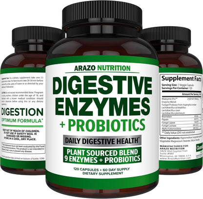 Digestive Enzymes with Probiotics - Multi Enzyme Nutritional Supplement - Acidophilus Bromelain Papaya Papain Lipase & Lactase - Improve Digestion - 120 Pills - Arazo Nutrition Gsupps Australia