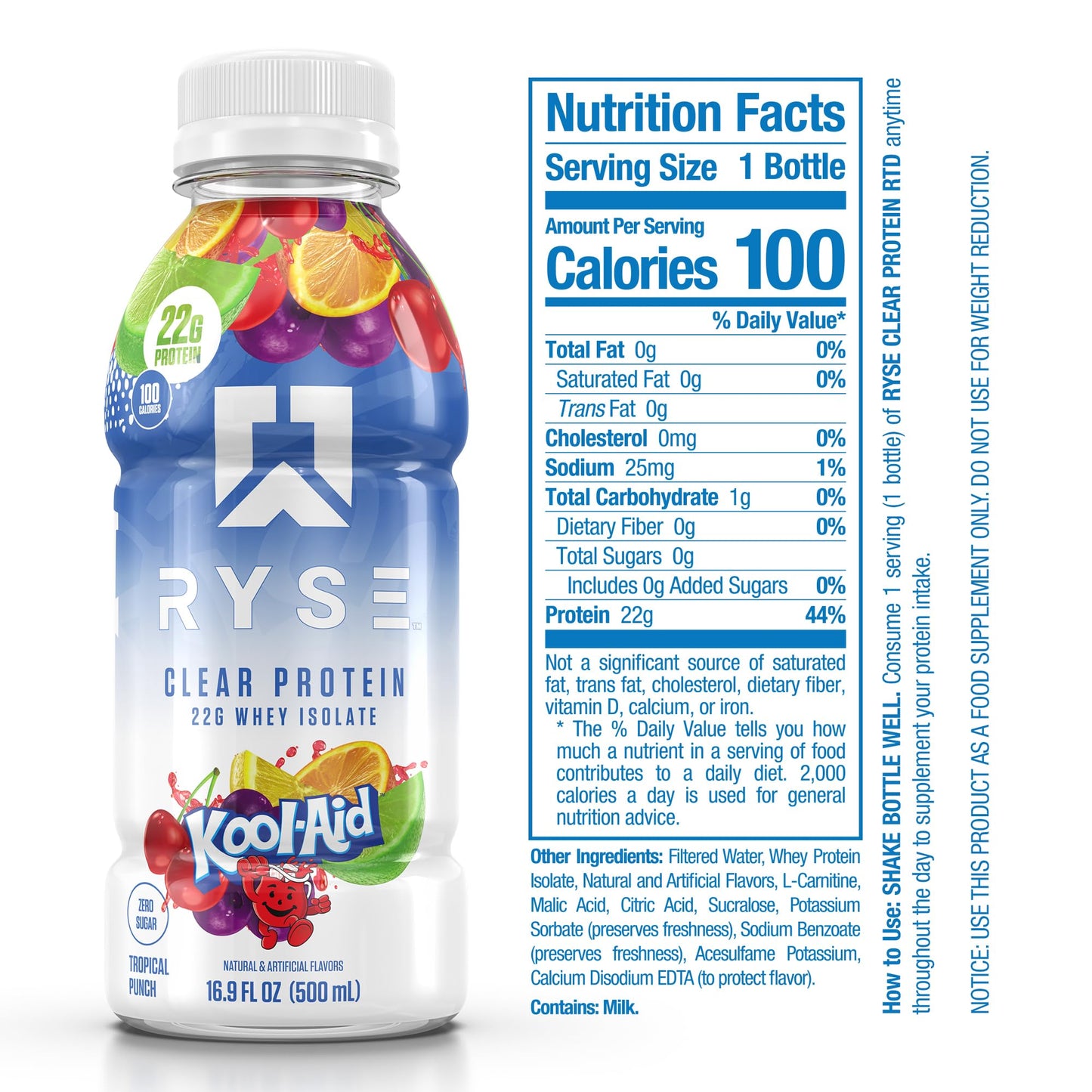 RYSE Clear Protein Drink - Variety Pack - 100 Calories, 22g Whey Isolate Protein Shake, Sugar-Free, 0g Fat & Lactose-Free - Refreshing Ready-to-Drink Beverage - 16.9 fl oz Bottles (12-Pack)
