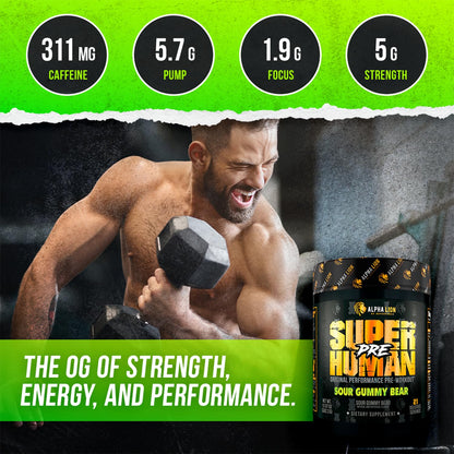 ALPHA LION Superhuman Pre Workout Powder, Beta Alanine, L-Taurine & Tri-Source Caffeine for Sustained Energy & Focus, Nitric Oxide & Citrulline for Pump (21 Servings, Sour Gummy Bear Flavor)