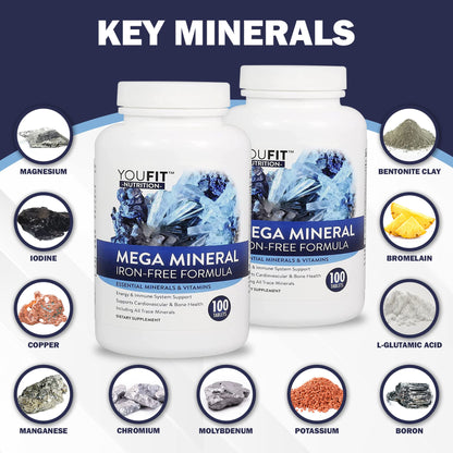 Mega Minerals Supplement by Youfit Nutrition | Trace Minerals | Premium Formula with Source of Minerals and Immune Health Support | Iron Free | All in One YouFit Nutrition
