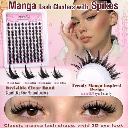 Manga Lash Clusters with Spikes Anime Lashes Cluster Natural Cluster Eyelash Extensions Wispy Spiky Fairy Individual Lashes Invisible Clear Band DIY Lash Extensions 10-16MM 120PCS by zenotti zenotti