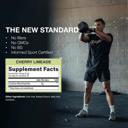 RAW Nutrition Creatine Monohydrate Powder, Cherry Limeade (30 Servings) - Micronized Creatine Monohydrate Supplement for Workout Performance, Build Muscle & Strength RAW