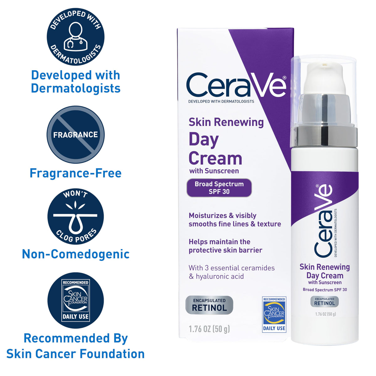 CeraVe Day Cream, Anti-Aging Retinol Face Moisturizer with SPF 30, 1.76oz CeraVe