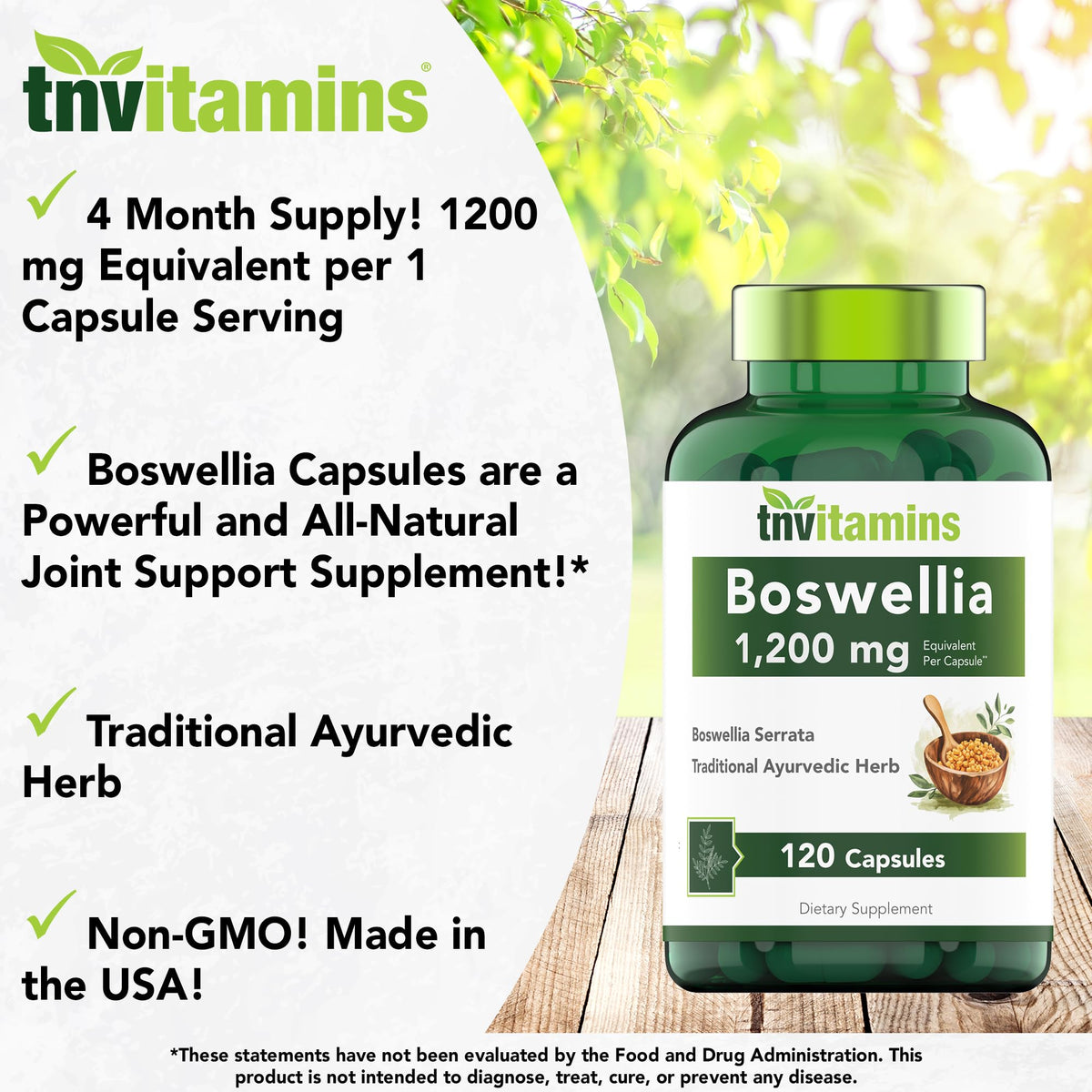 tnvitamins Boswellia Extract Capsules, 120 Count | 1,200 mg Per Capsule | 65% Boswellic Acids + 10:1 Concentrated Extract | Boswellia Serrata tnvitamins